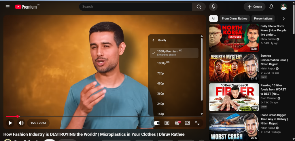 YouTube 1080p Premium HD quality option with enhanced bitrate
