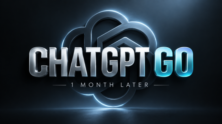 ChatGPT Go 3D logo with “1 Month Later” text on a dark tech background