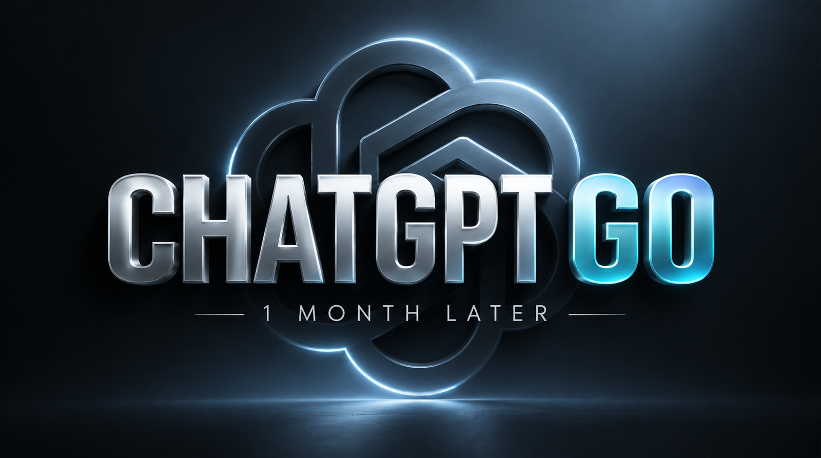 ChatGPT Go 3D logo with “1 Month Later” text on a dark tech background