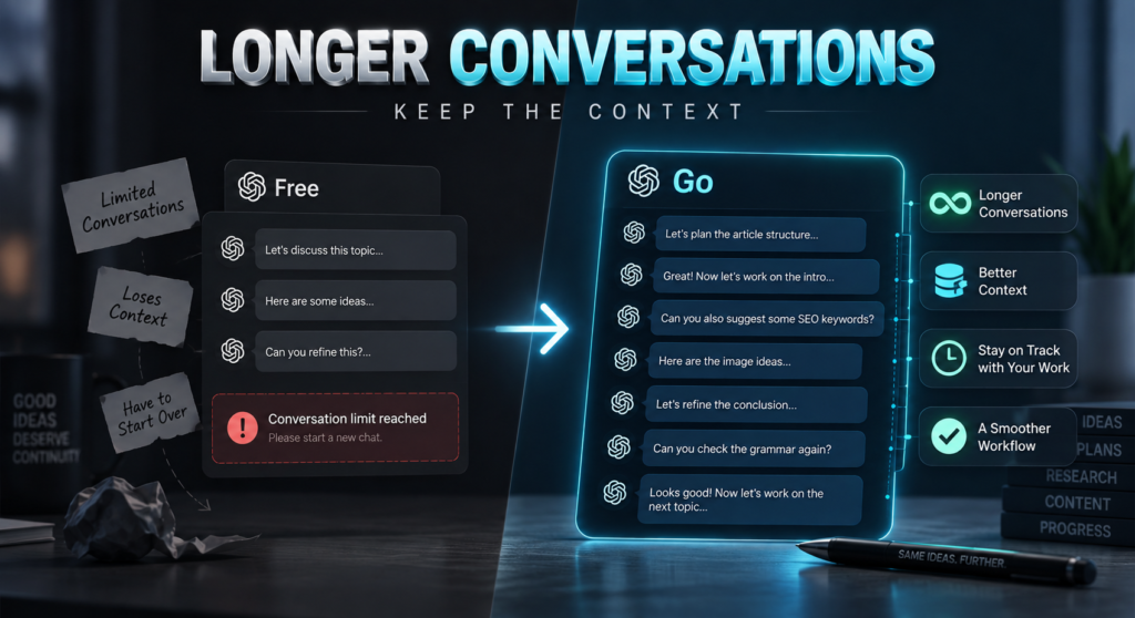 ChatGPT Go – Longer Conversations ChatGPT Go showing longer conversations and better context retention