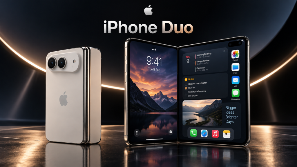 iPhone Duo shown folded and unfolded with its large inner display and multitasking interface