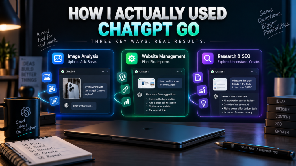 How I Actually Used ChatGPT Go ChatGPT Go review showing how I used it for image analysis, website management and research
