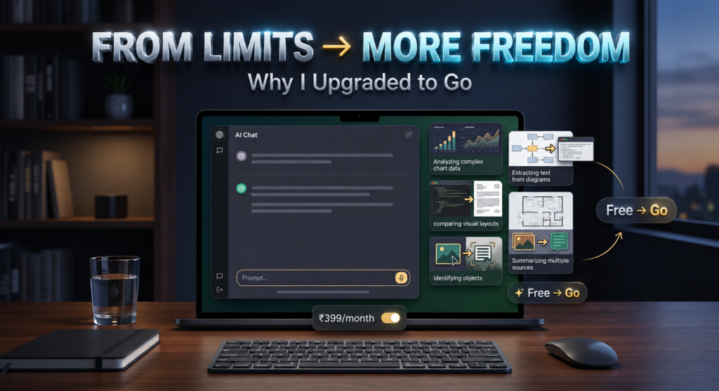 Why I Upgraded to ChatGPT Go ChatGPT Go upgrade concept showing image uploads and fewer limitations