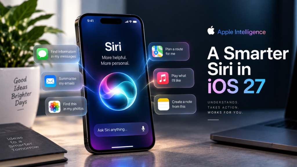 iOS 27 Siri AI and Apple Intelligence features displayed on an iPhone