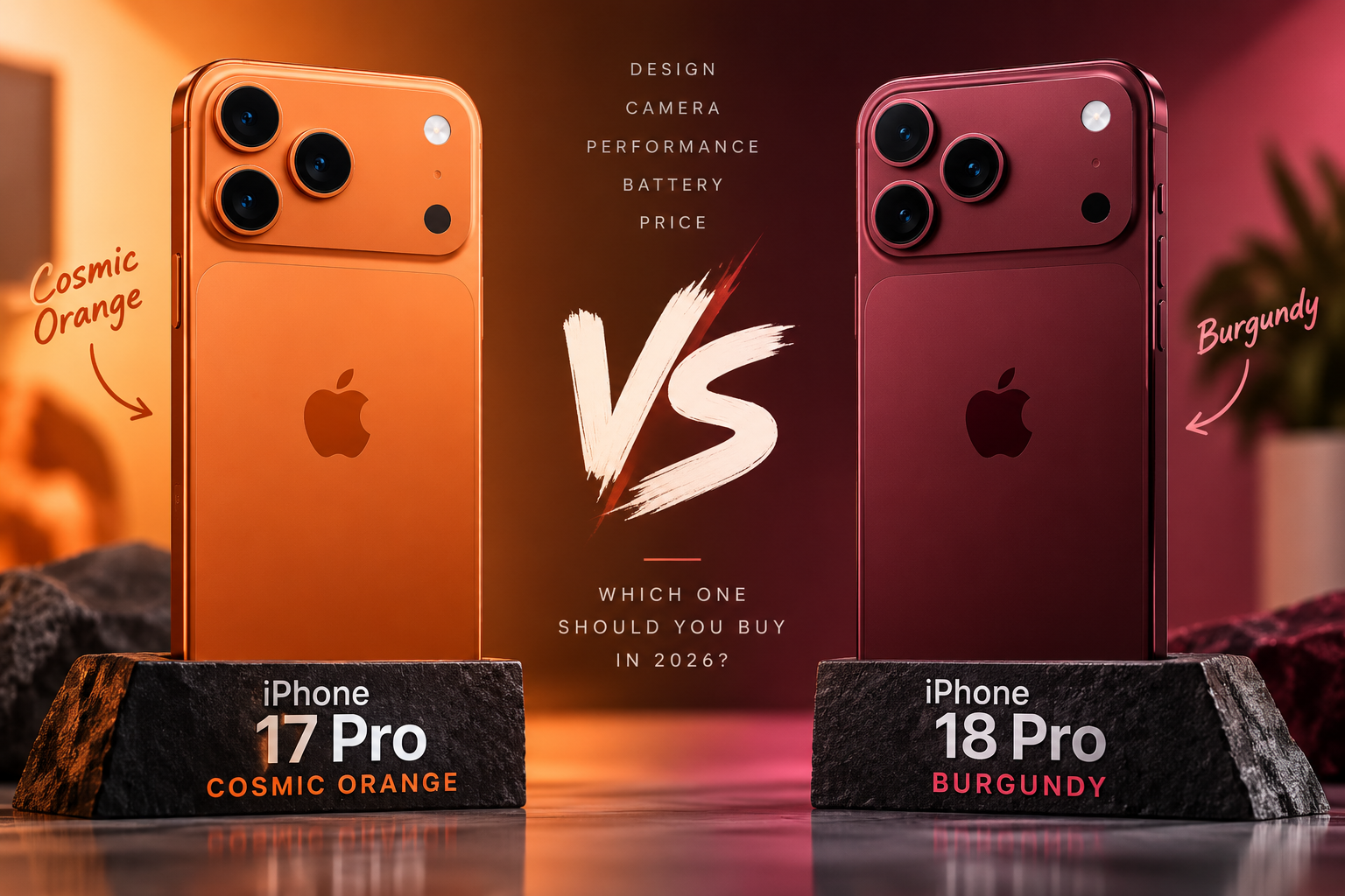iPhone 17 Pro vs iPhone 18 Pro in Cosmic Orange and Burgundy
